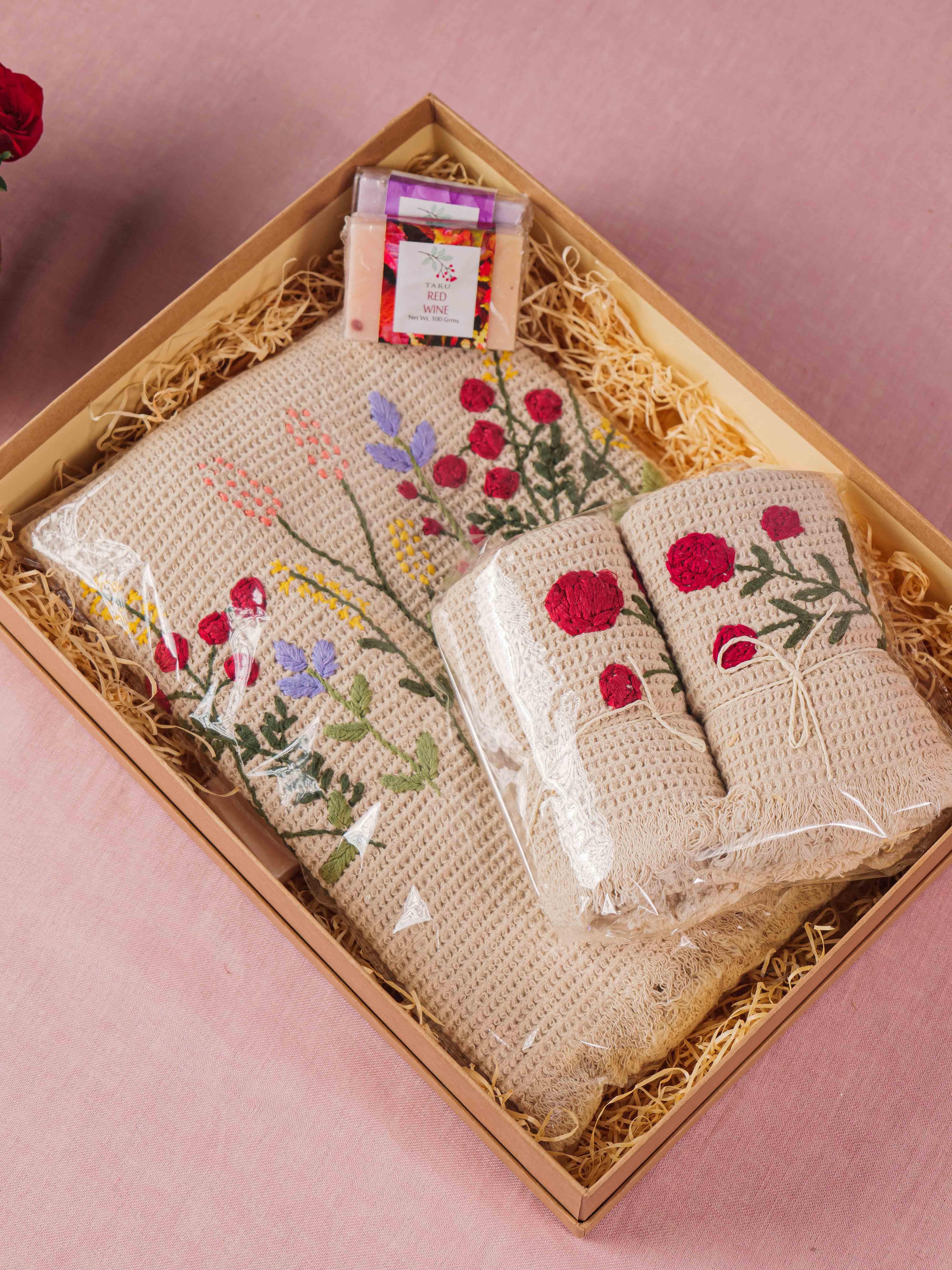 Tulip Waffel Hand Embroidered Towel Gift Set 100% Cotton, With Hand made Soaps - Multi Color